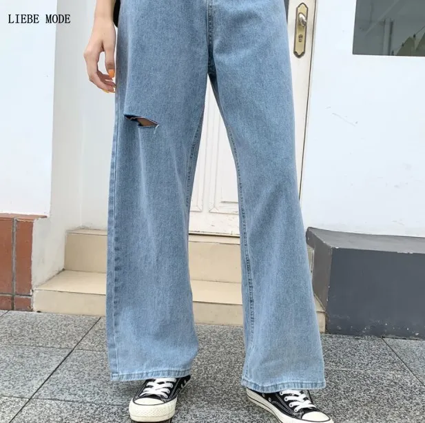 

Oversized Autumn High Waist Mom Ripped Jeans Womens Wide Leg Full Length Denim Pants Straight Loose Hole Jeans Plus Size 5XL