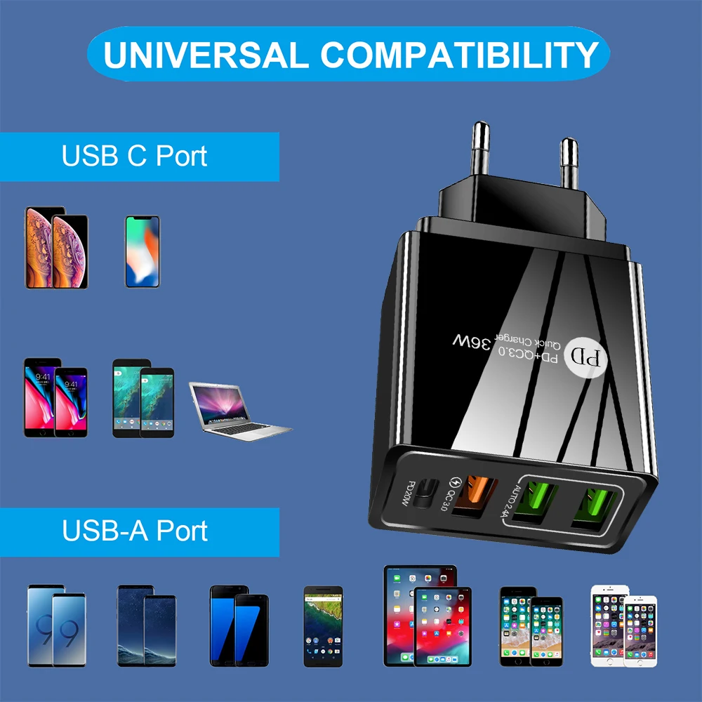 PD USB C зарядное устройство 36 Вт 4 порта быстрая зарядка 3.0 мобильный телефон