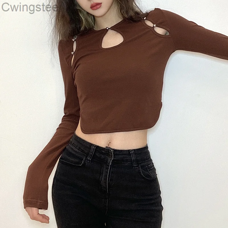 

Autumn Hollow Out Casual Tshirts Women Fashion Aesthetic Bron Crop Tops Tee Korean Patchwork Long Sleeve Shirt 90s
