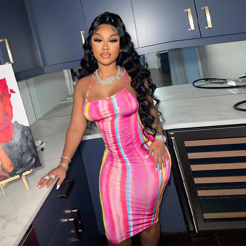 

Tie Dyed Criss-cross Dress Sexy Sleeveless Off Shoulder Bodycon Mid Pencil Dress Spaghetti Strap Club Party Dress 2021 New
