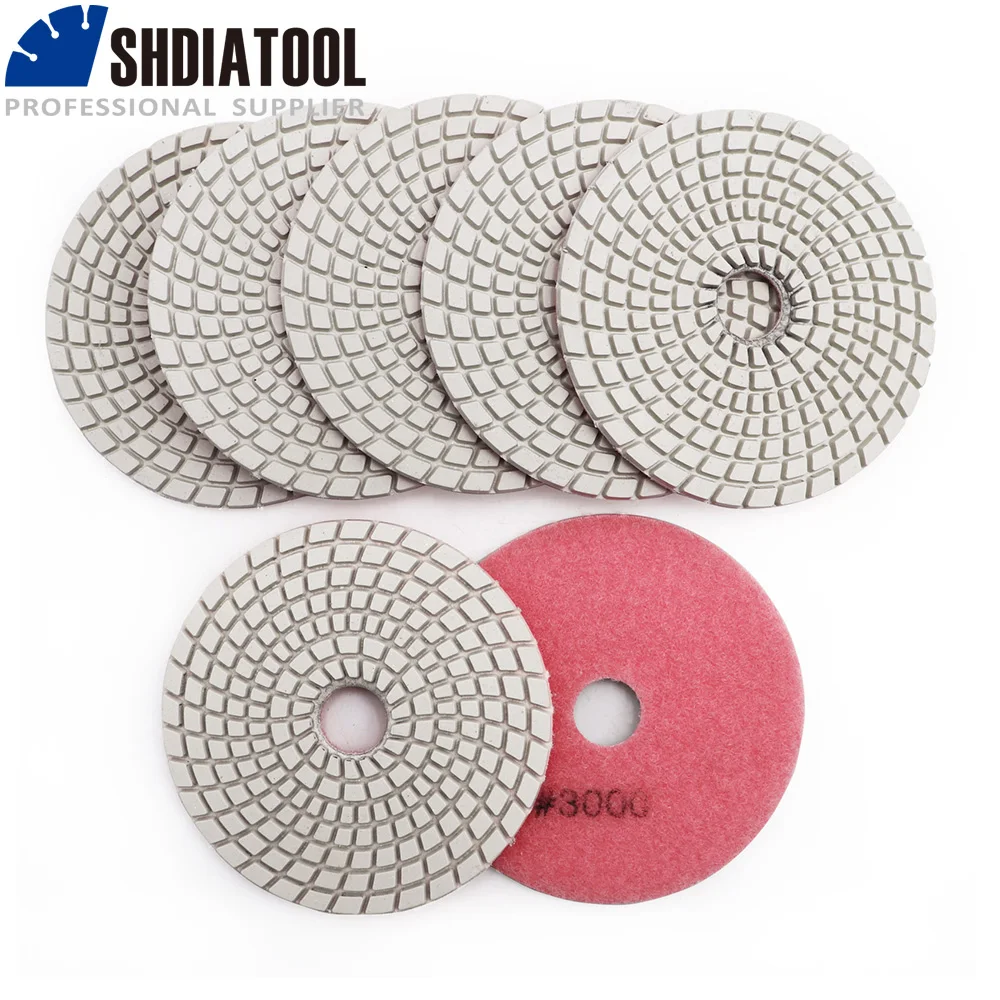 

SHDIATOOL 7pcs 4" diamond wet flexible polishing pads B #3000 for granite stone marble 100mm White bond grinding disc