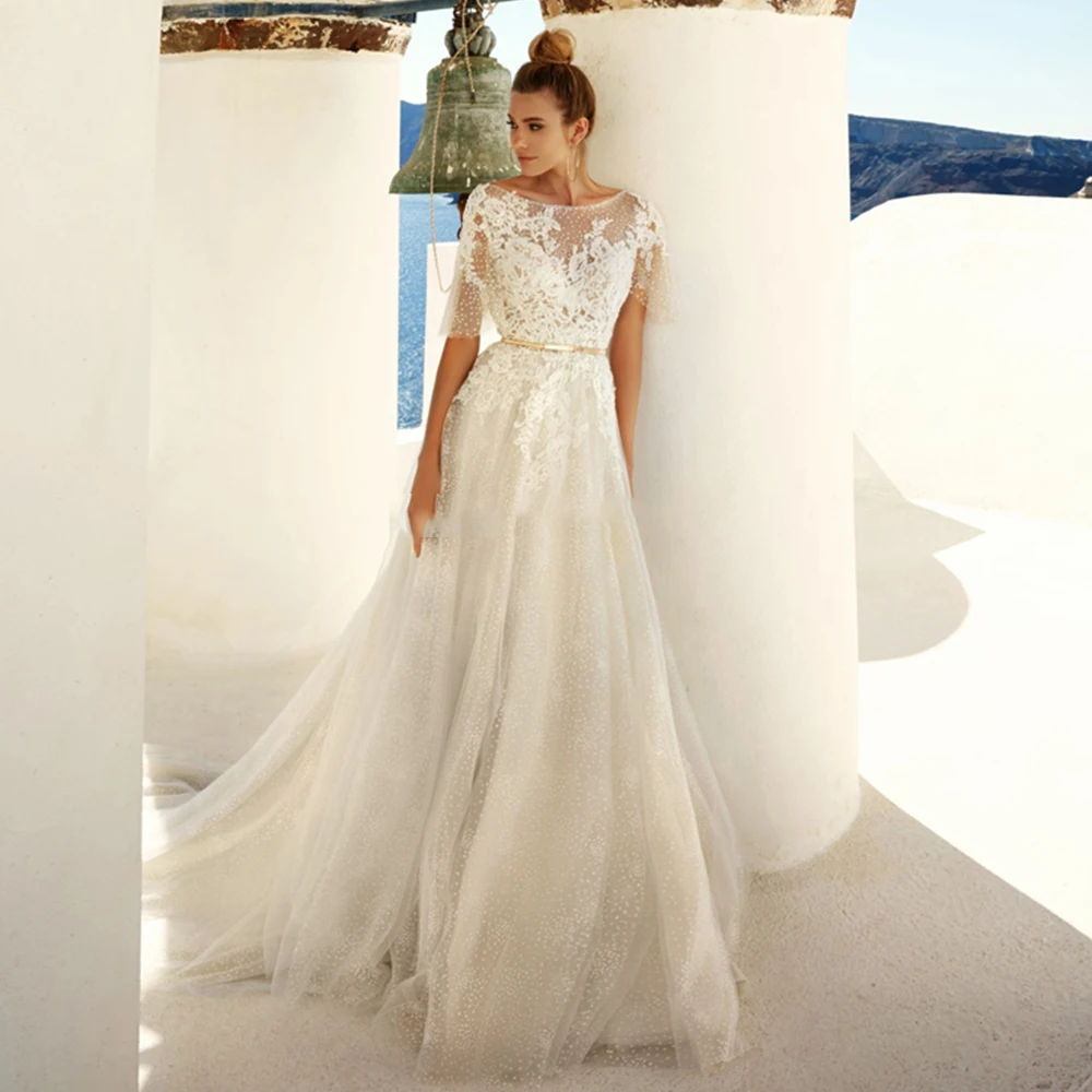 

Sheer Scoop Neck Wedding Dresses A-Line Backless Half Sleeves Lace Appliques Sweep Train2021 Bride Gowns Vestido De Noiva