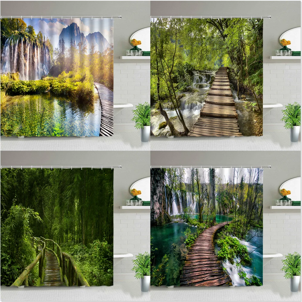 

Summer Landscape Shower Curtains Wooden Bridge Forest Trees Waterfall Natural Scenery Bathroom Curtain Home Decor With Hooks