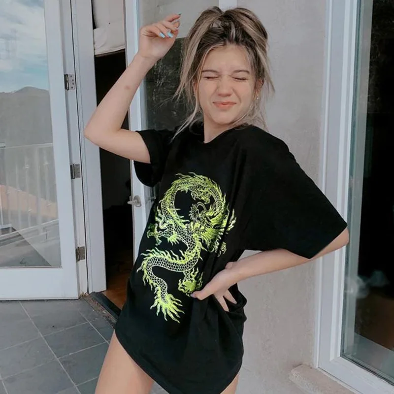 

Women's Tee Short Sleeve Loose Dragon Printed Female Crop Top Ladies Shirt Tee Shirt