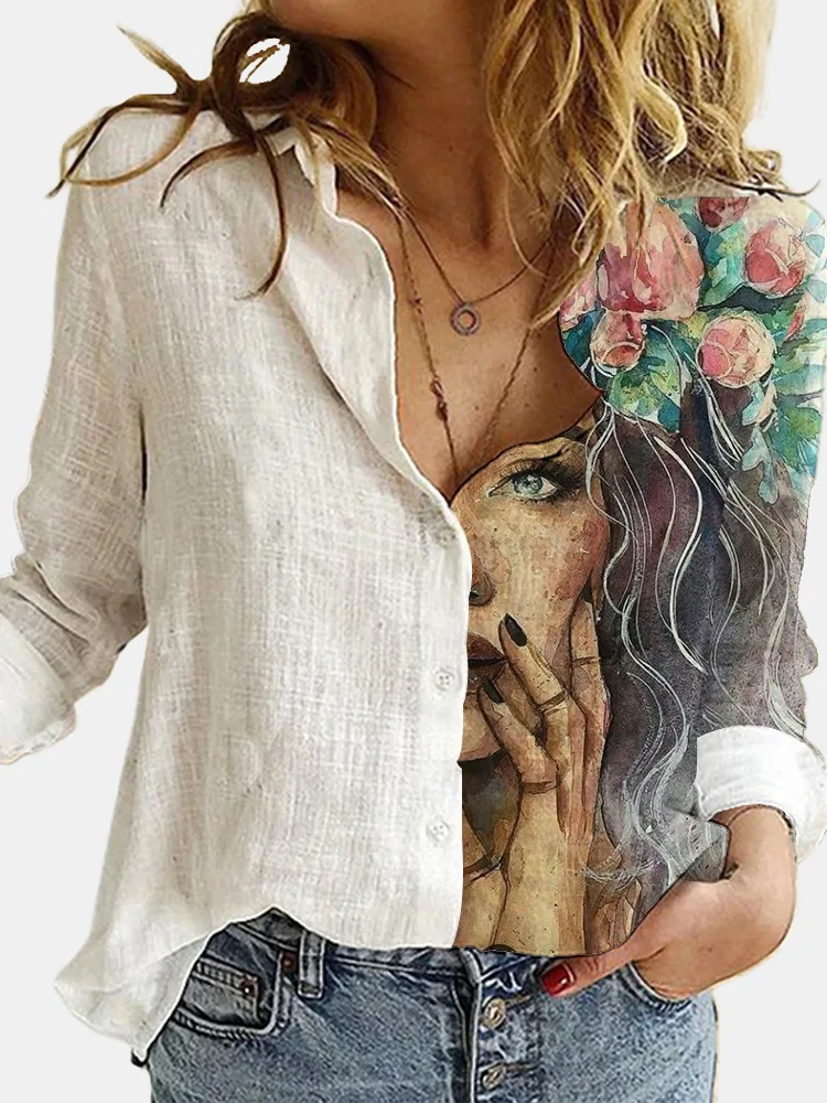 Fashion woman blouses 2021 Loose Cartoon Retro Digital Printing Long-Sleeved lapel Shirt ladies Women Shirts single-breasted