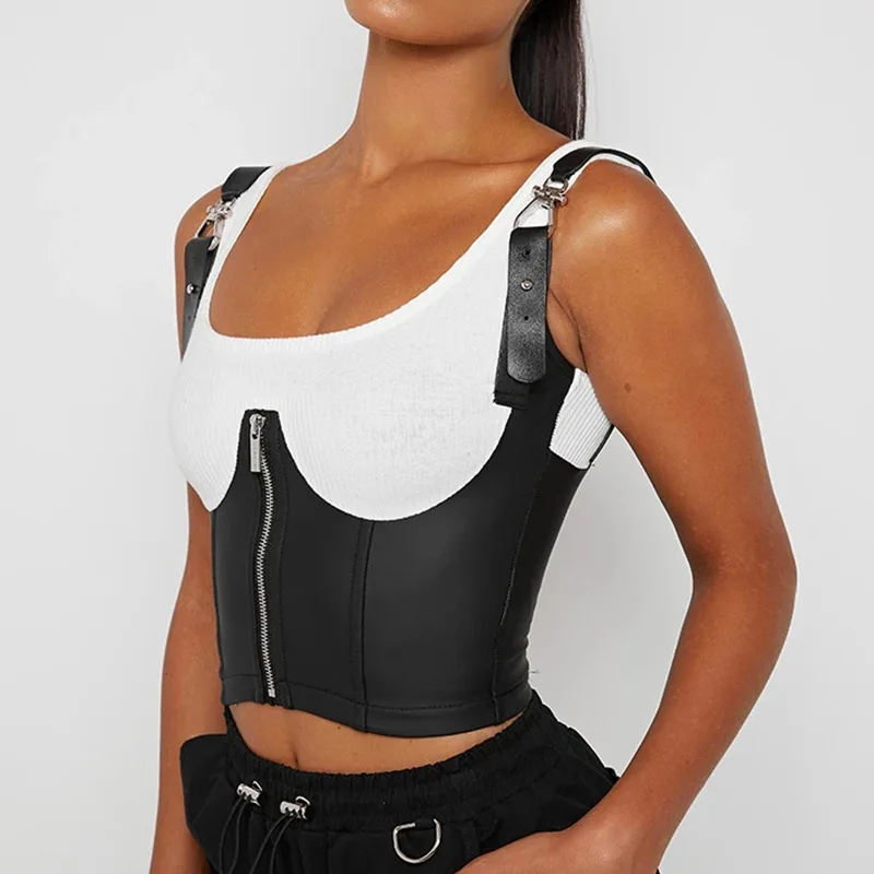 

Women Square Neck Sexy Backless Sleeveless Bodycon Crop Top Ladies Solid Party Zipper PU Patchwork Tank Tops