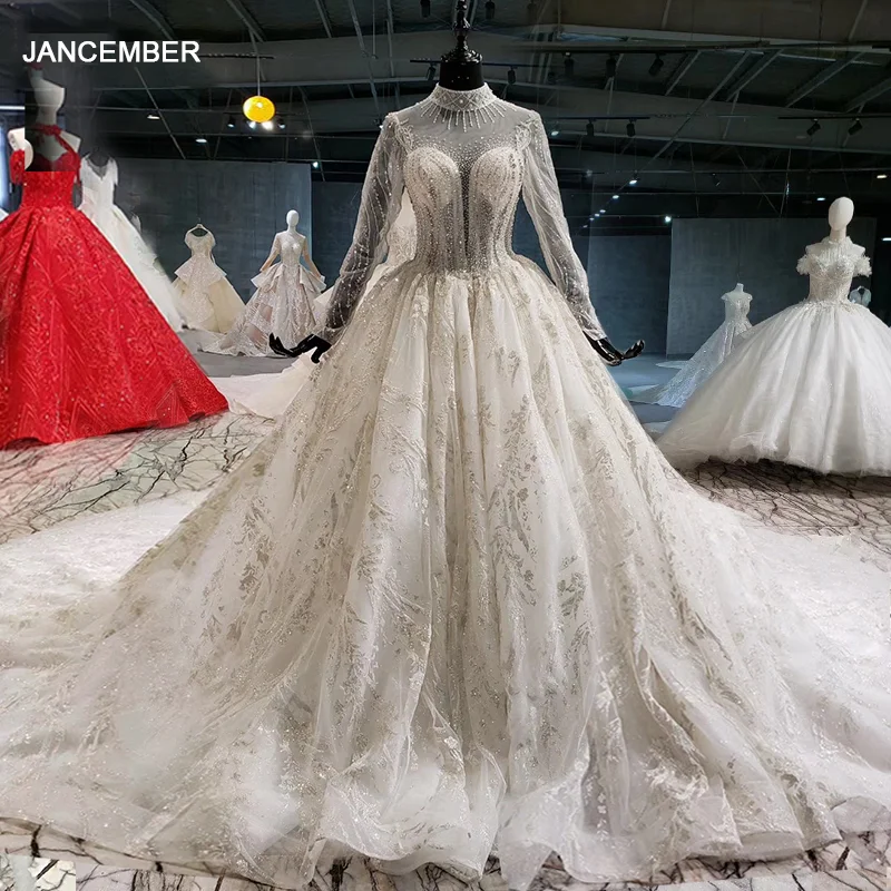 

HTL1003 мусульманское подвенечное платье с длинными рукавами кружевное роскошное свадебное платье со шнуровкой на спине и высокой горловиной ...