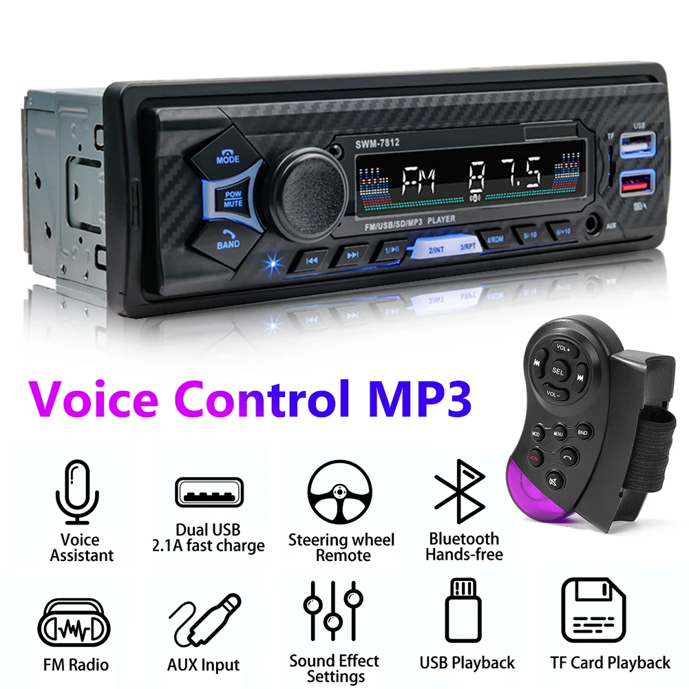 

SWM-7812 автомобильный стерео-плеер BT5.0, Автомобильный MP3-плеер 60 Вт, FM-радио, стерео, аудио, музыка, USB/SD, голосовое управление, с 4-сторонним RCA вых...