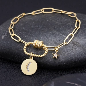 AIBEF Hot Sale Moon Star Pendant Lock Adjustable Bracelet Women Charm Chain Bangle Copper Zircon Crystal Wedding Jewelry Gift