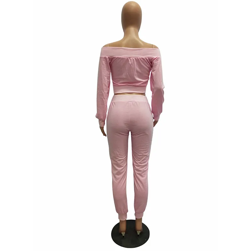 

Solid Color Off the Shoulder Crop Tops & Drawstring Trousers New Autumn Women Suit Sexy Style Model Knitting Two Piece Set