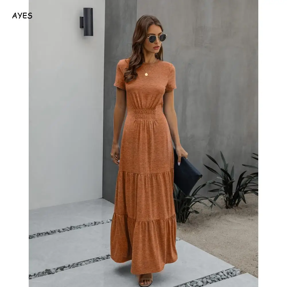

Pleated Summer Dress Women Short Sleeve Solid Dresses Maxi Dress Lady Elastic Slim Cotton Blend Vestidos Club Beach Dresses 2020