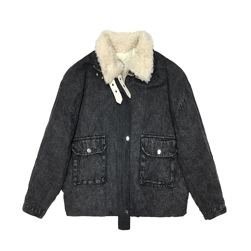 

European station 2020 winter new pockets and lamb velvet stand-up collar denim cotton jacket women loose thick fashion jacket