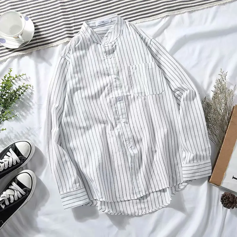 2020 Men Oversized Cotton Striped Blouse Shirt Long Sleeve Single Breasted Vintage T Homme Couple Korean Harajuku Clothing | Мужская