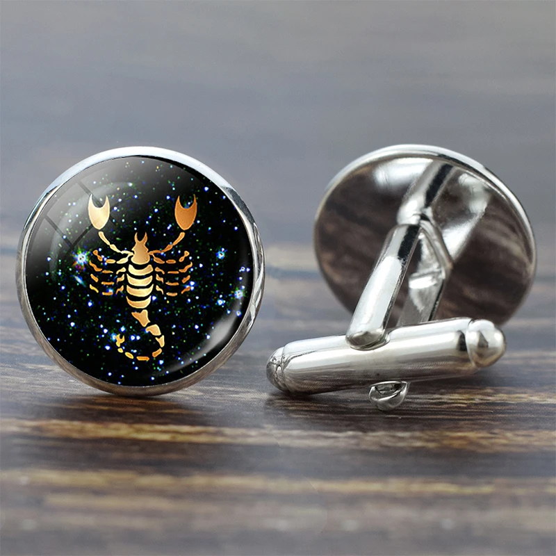 Scorpio 12 Созвездие стеклянная запонка из сплава Leo знак зодиака Рыбы ручной работы стеклянные серебряные Костюмные запонки звенья Мужская рубашка подарок на день рождения - Окраска металла: Scorpio