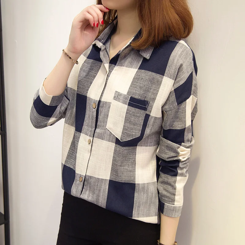2021 женская блуза с длинным рукавом рубашки в клетку Топы Повседневные модные