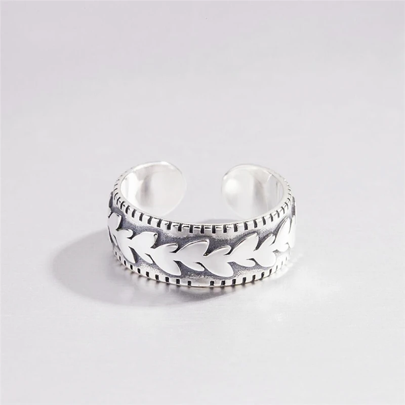 

Sole Memory Retro Thai Silver Leaves Embossed Olive Branch Literary Silver Color Female Resizable Opening Rings SRI353