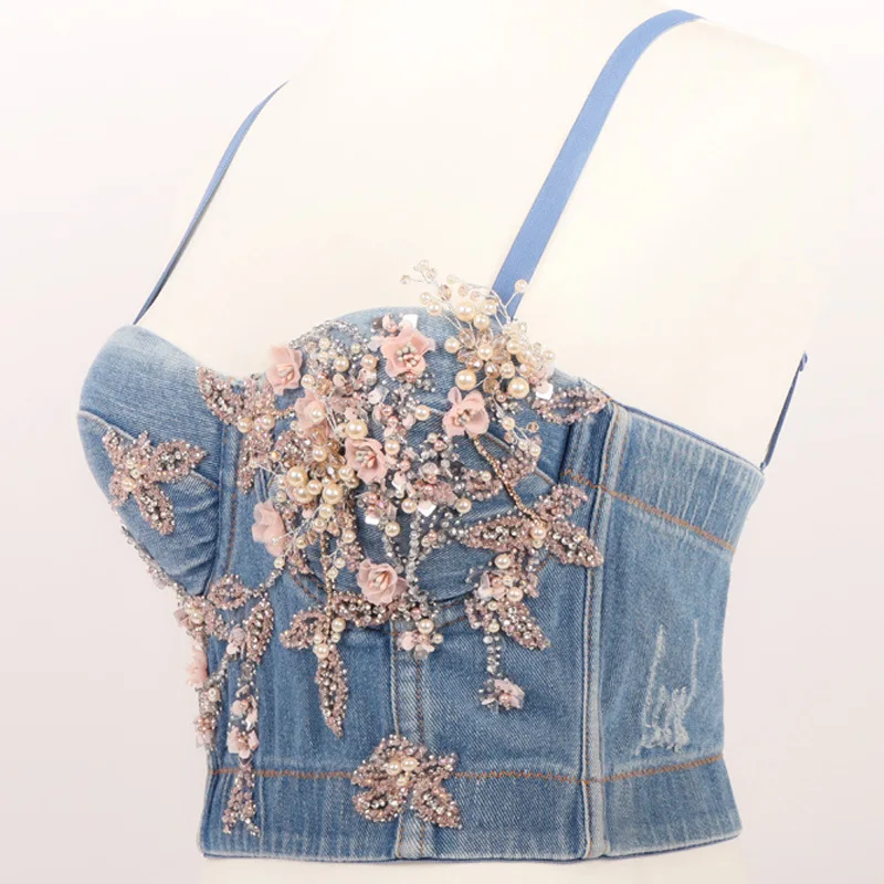 Sexy Backless Handmade Iron Tree Pearl Camis 2020 New Push Up Spaghetti Strap Padded Wire Free Denim Slim Crop Tops For Dancer