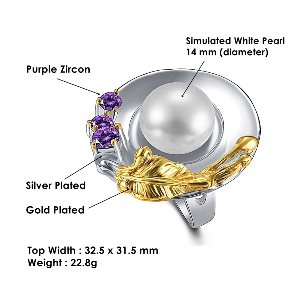 Лучший подарок большой круглый лист дизайн кольцо 14 мм белый жемчуг/фиолетовый CZ