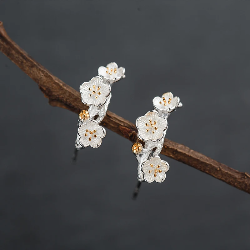 Серебряные серьги гвоздики с цветком вишни 925 ветви деревьев сакуры для женщин и