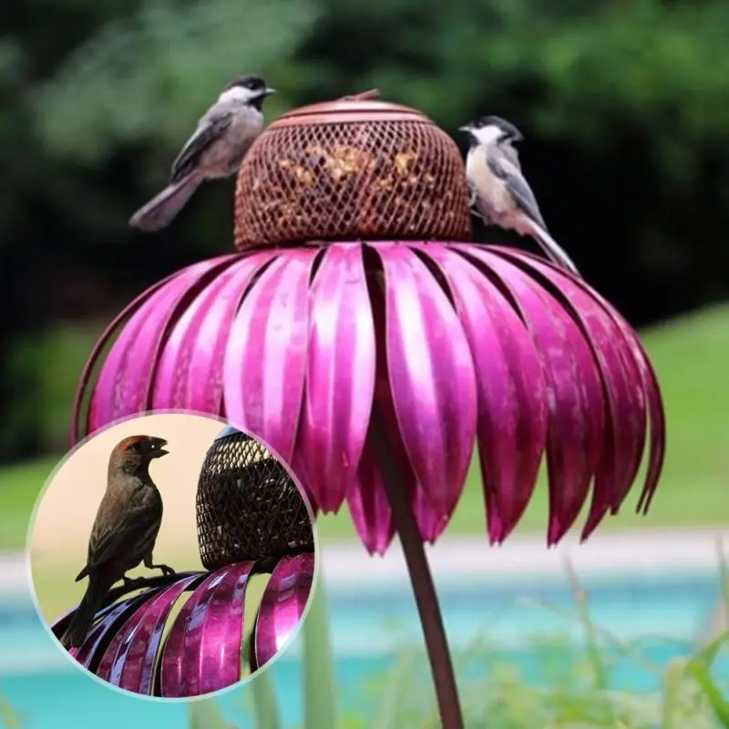 

Bird Feeders Sensation Blueberry Coneflower Standing Bird Feeder Outside Garden Decoration Art Metal Birdfeeder With Stand