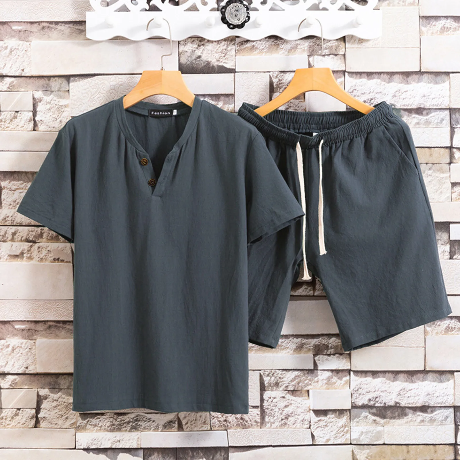 

63# Men Clothing Men's Summer Solid Color Cotton Linen V-neck Short Sleeve T-shirt Shorts Set Two-piece Suit Male Sportswear