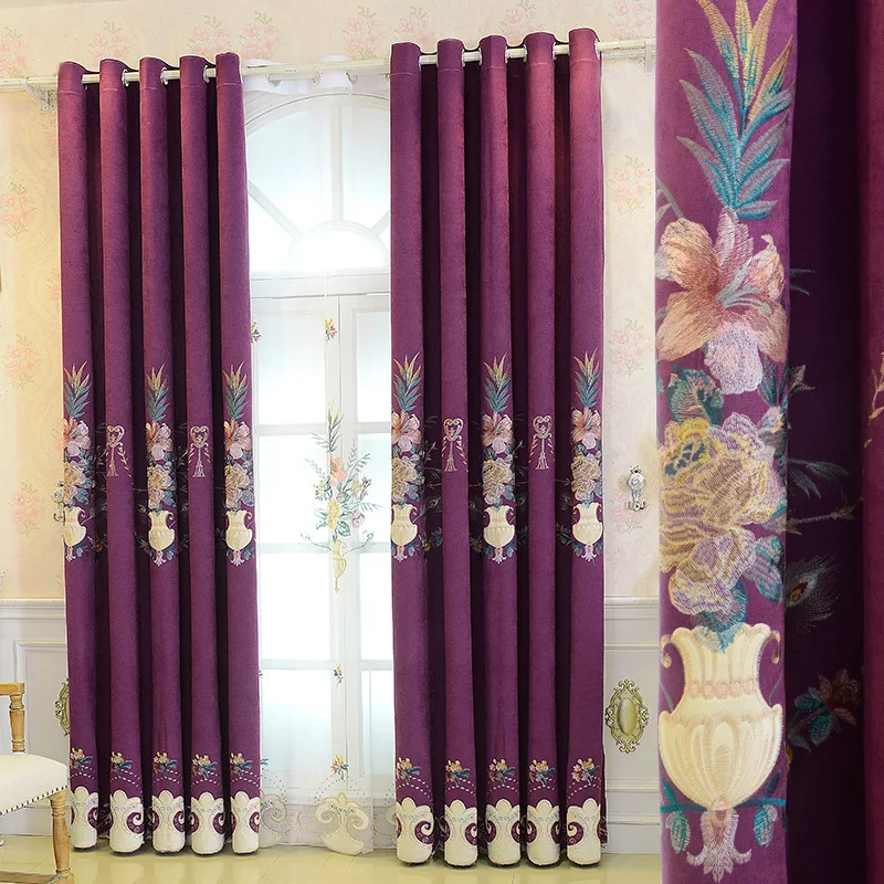 

European-style Large Vase Embroidered Curtains High-end Villa Living Room High-end Blackout Bedroom Curtain Tulle Valance Custom