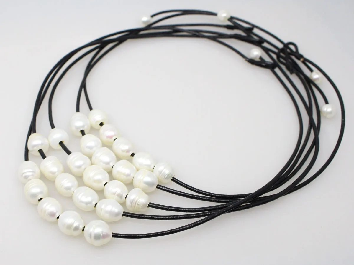 5Strand 10mmX12mm White Drop Pearl 5beads Black Leather Choker Necklace 17.5inches |