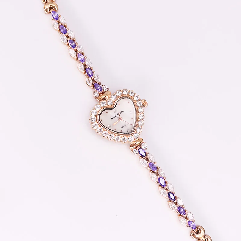 Rose Gold Purple B16 Роскошные ювелирные изделия из кристаллов, женские часы, модные часы в форме сердца, платье, браслет, часы, стразы, подарок для девочки, Королевская корона, коробка - Цвет: Rose Gold Purple B16