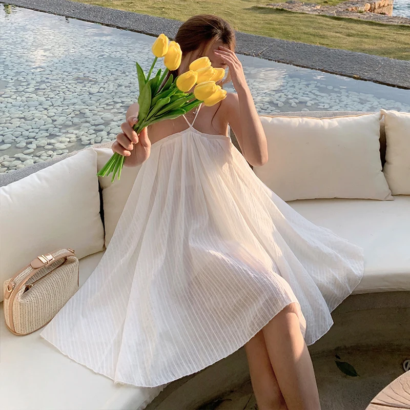 

Summer Women'S Sweet style Backless Casual Halter sleeveless white Dresses Seaside vacation beach dress 2011 party dress