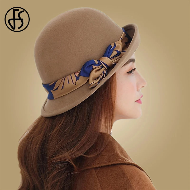 Женская винтажная фетровая шляпка Колокол FS шерстяная котелок с бантом мягкими