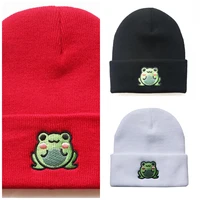 2021 winter cotton knitted beanie embroidered frog beanie hats for women fashion elastic warmer bonnet hat hip hop caps for men