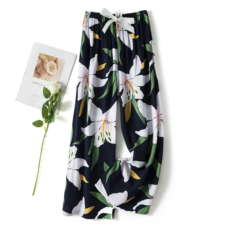 

Spring Summer Sleep Bottoms Women Sleepwear Floral Pants Elastic Waist Loungewear Viscose Wide Leg Pants Casual Home Clothing