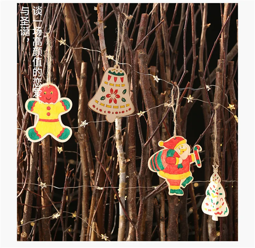 5pcs Wooden Kids DIY Color Painting Christmas Ornaments Cute Santa Claus Graffiti Art Crafts Toys Pendants Xmas Tree Decoration