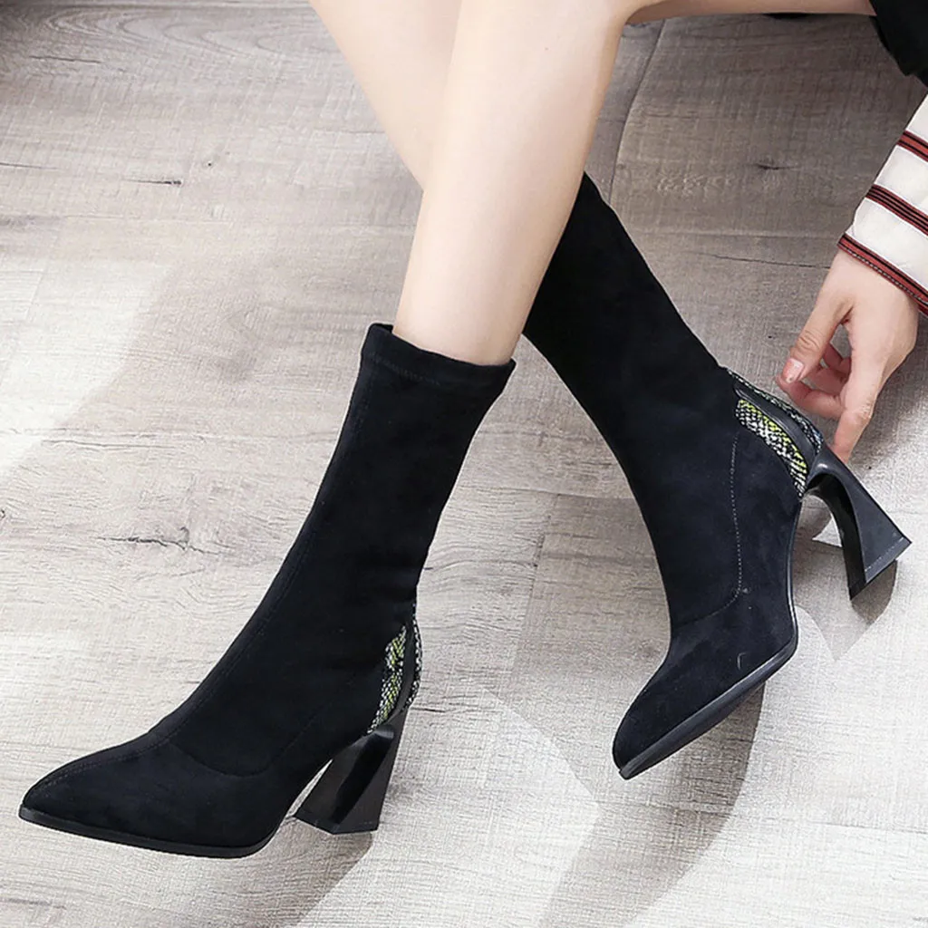 Модные носки под змеиную кожу сапоги без застежки из эластичной ткани с острым