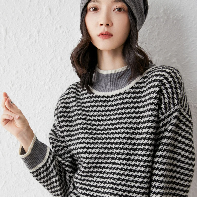 

2021 Autumn Winter New Women Plus Size Half High Neck Cashmere Sweater Loose Thick Pure Wool Knitted Top Wild Striped Base Shirt