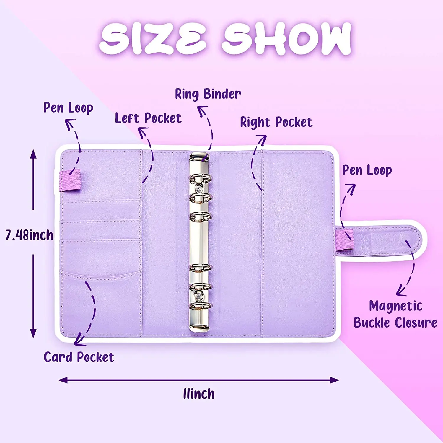 

NEW A6 PU Leather Notebook Binder Planner Budget Organizer 6 Ring Binder Cover Magnetic Personal Planner with 12 Clear Pockets