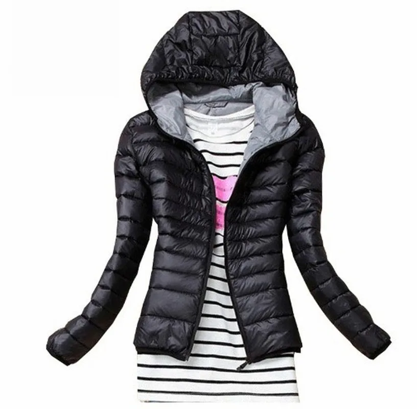 

Jeseca Autumn Winter Women Slim-Fit Hooded Cotton-Padded Casual Black Jacket