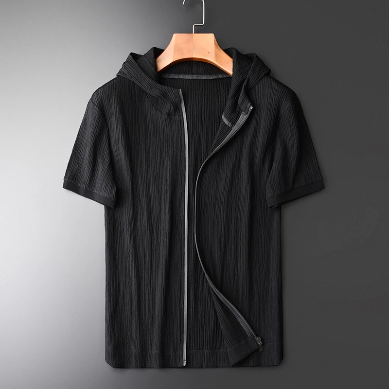 

Brand Brand Dark Fringe Wrinkle Fabric Short Sleeve Male Hoodies Hight Quality Thin Zipper Men's Hooded Jacket Plus Size 4XL