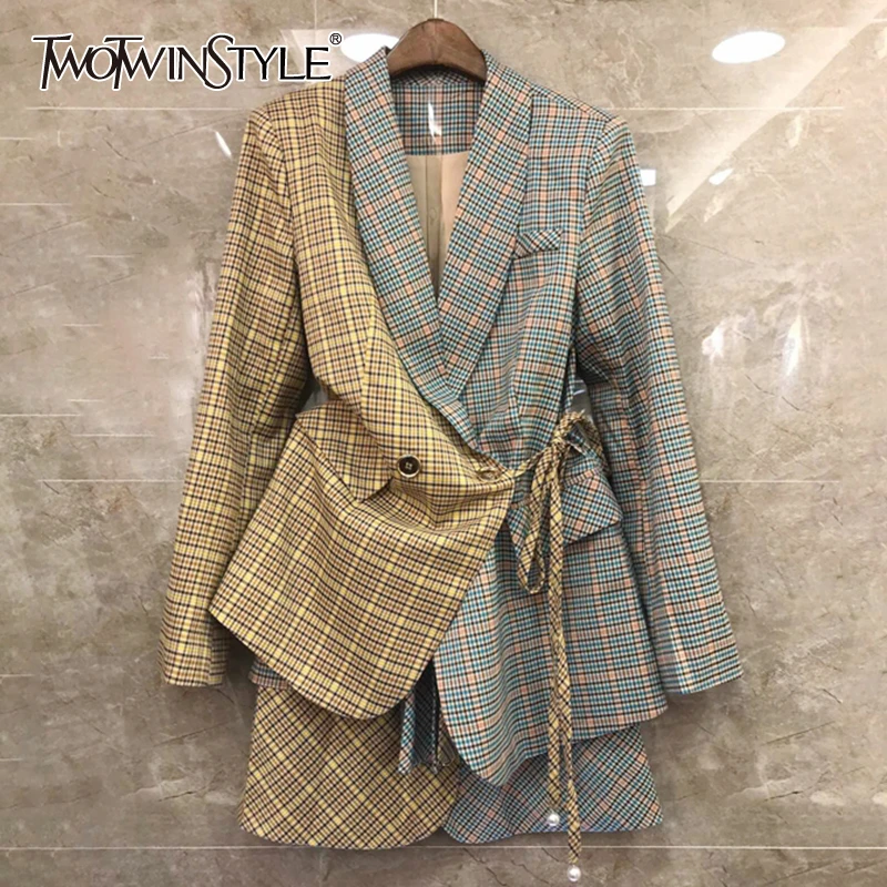 

TWOTWINSTYLE Plaid Hit Color Patchwork Women's Suit Lapel Collar Lace Up Blazer High Waist Mini Skirt Two Piece Set Female 2020