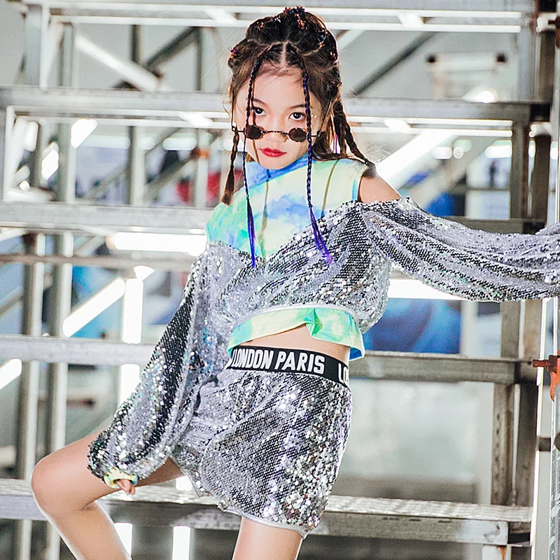 

Shiny Silver Sequin Suit For Kids HipHop Jazz Dance Outfits Girls Street Dance Performance Clothing Catwalk Show Costume