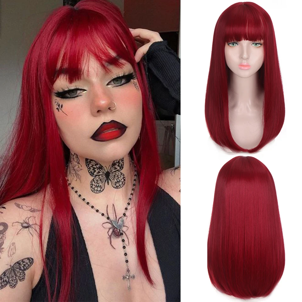 HOUYAN  long straight hair plum red pink purple and black two colors bangs wig women's synthetic bangs wig high temperatur