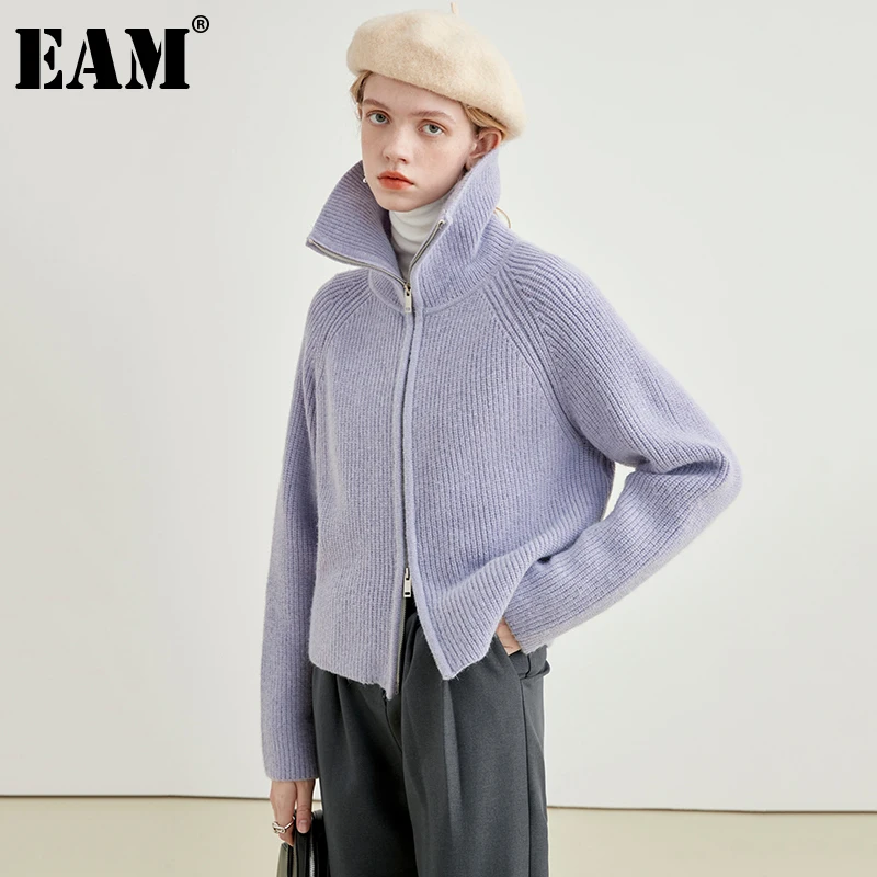 

[EAM] фиолетовый Повседневный вязаный кардиган, свитер, свободный крой, отворот, длинный рукав, Женская Новая мода, Осень-зима 2022, 1DE4874