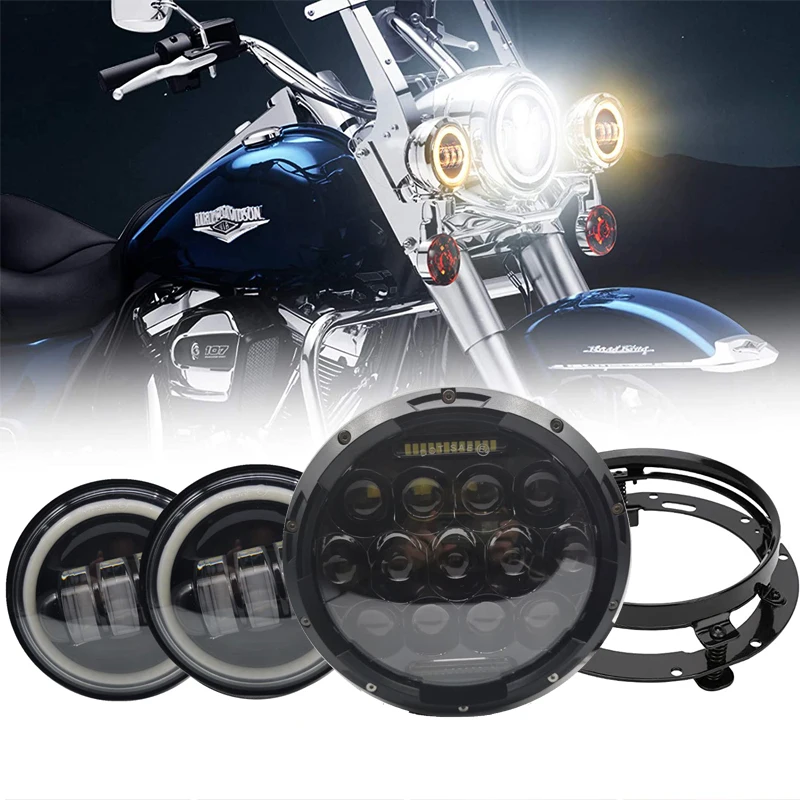 

7'' LED Headlight White DRL 4.5 Halo Fog Lights 7" Bracket Mounting Ring for Harley Touring Electra Glide Road King Street Glide