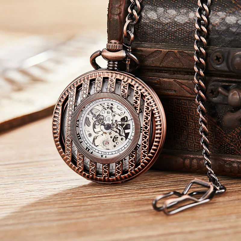 

Hand-winding Mechanical Pocket Watch Men Women Fashion Roman Numerals Wood Hollow Fob Chain Steampunk Clock Skeleton Watch