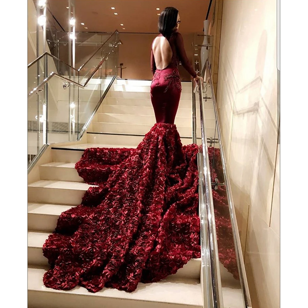 Бордовое платье для выпускного вечера с длинным рукавом кружевная аппликация 3D