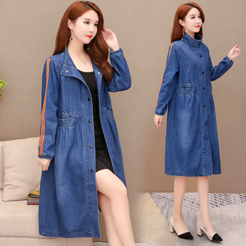 

New Spring Autumn Women Coat Solid Casual Loose Single Button Pockets MD-Long Jeans Trench For Females Denim Slim Outerwear