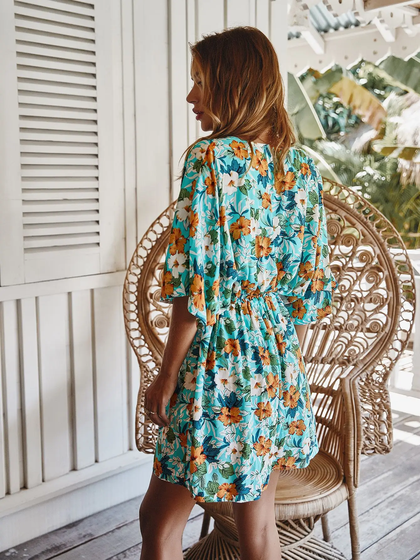 

Summer Women Clothes Big Floral Print Harajuku Boho Dress Half Sleeve Deep V-Neck Button Beach Dress Waist Lace Up Loose Dresses