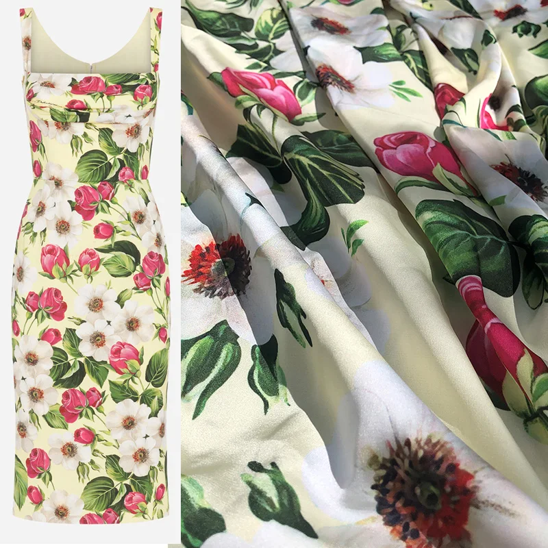 Ткань искусственный шелк Сицилии с рисунком розы, ширина 145 см, для летнего платья и блузки.