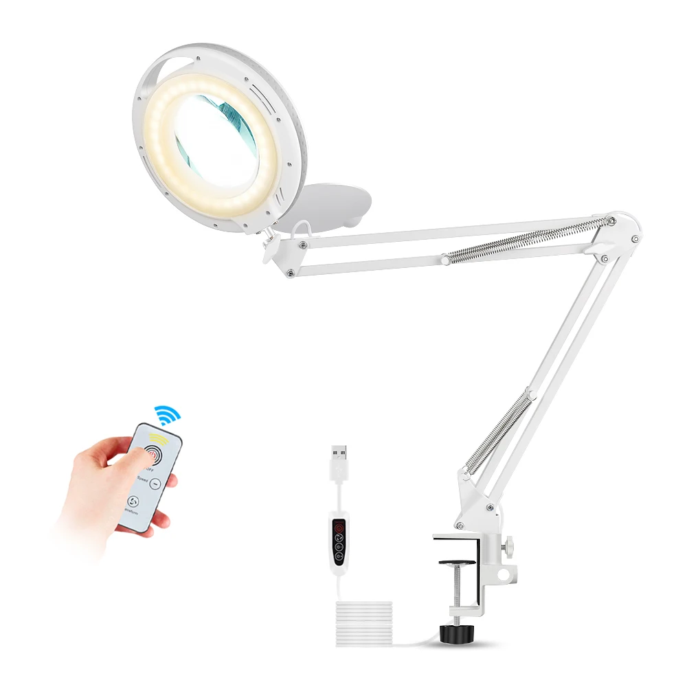 LED Remote Control Desk Lamp Clip on Light 5Xlens Magnifying Glass Clamp Dimming Table Lamp 3 Colors For Reading Tattoo Computer