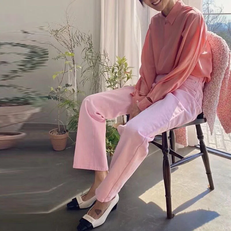 Женские Длинные винтажные джинсы DEAT ярко-розовые потертые полной длины с